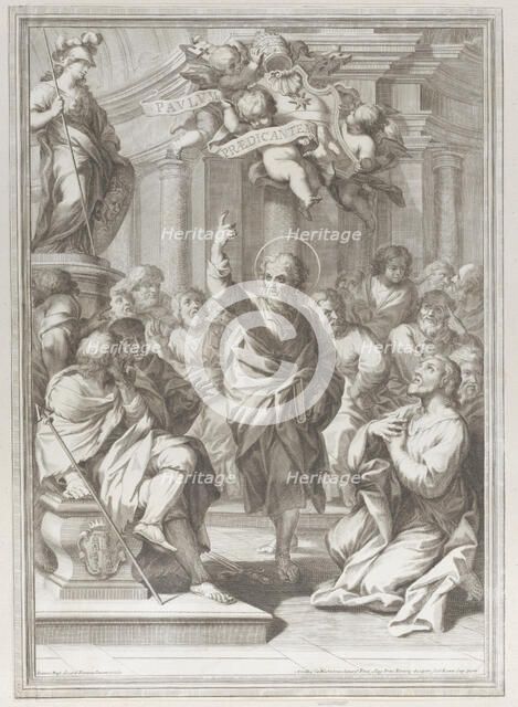 Saint Paul preaching at center, standing in a crowd in a columned interior, pointing ..., 1681-1725. Creator: Arnold van Westerhout.
