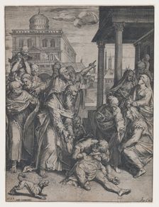Saint Paul raising Patroclus who is on the ground, surrounded by a group of onlookers, ..., 1583. Creator: Agostino Carracci