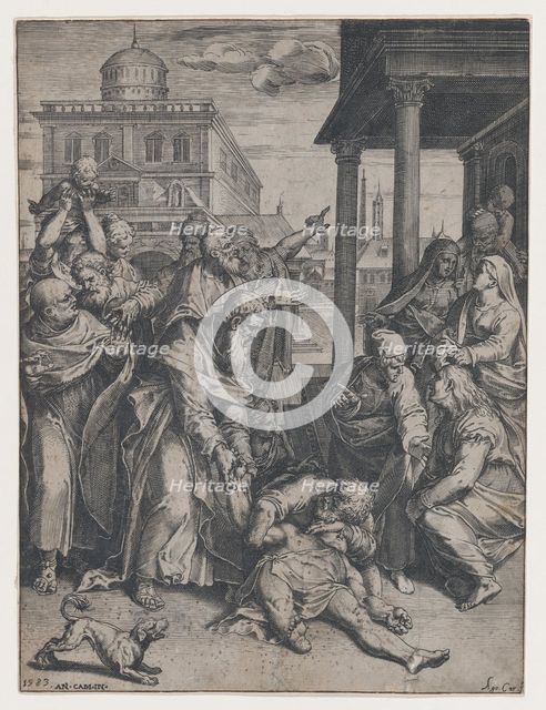 Saint Paul raising Patroclus who is on the ground, surrounded by a group of onlookers, ..., 1583. Creator: Agostino Carracci.