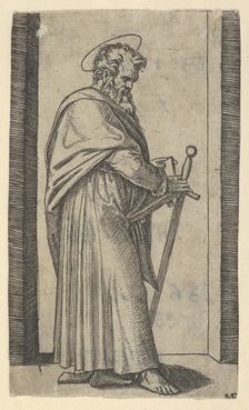 Saint Paul, sword in his right hand, from the series Piccoli Santi (Small Saint..., ca. 1500-1527. Creator: Marcantonio Raimondi