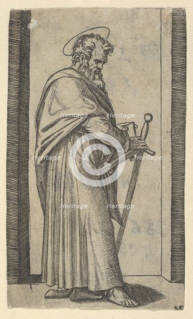Saint Paul, sword in his right hand, from the series 'Piccoli Santi' (Small Saint..., ca. 1500-1527. Creator: Marcantonio Raimondi.