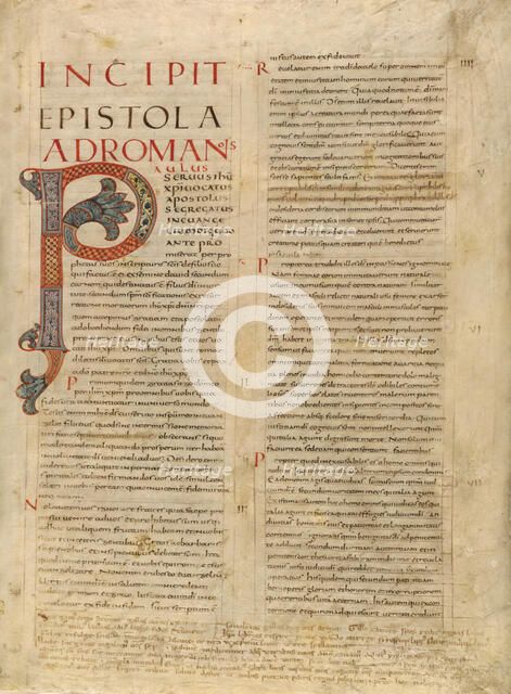 Saint Paul's Epistle to the Romans: leaf from a Bible, about 845.  Creator: Unknown.