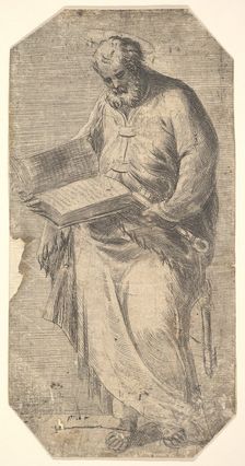 Saint Peter holding a large open book, keys by his side, from Christ and the Apost..., ca. 1548-50. Creator: Andrea Schiavone