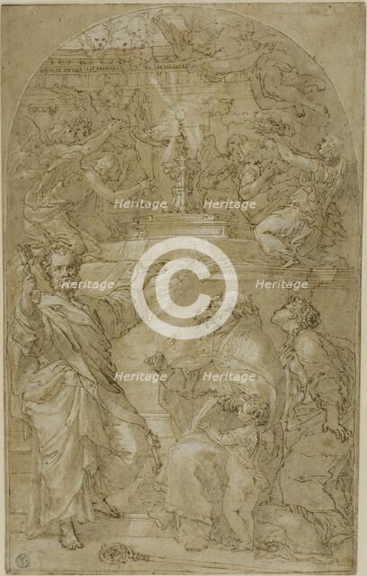 Saint Peter, Saint Augustine and a Female Saint in Adoration of the Eucharist, n.d. Creator: Unknown.