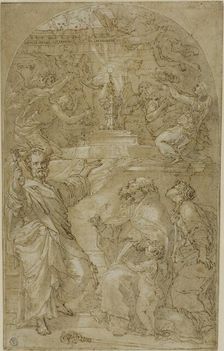 Saint Peter, Saint Augustine and a Female Saint in Adoration of the Eucharist, n.d. Creator: Unknown