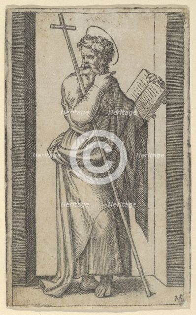 Saint Philip, book in his left hand, staff resting on his left arm, from the seri..., ca. 1500-1527. Creator: Marcantonio Raimondi.