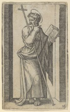 Saint Philip, book in his left hand, staff resting on his left arm, from the seri..., ca. 1500-1527. Creator: Marcantonio Raimondi