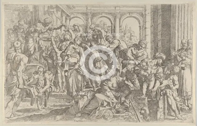 Saint Roch at left distributing alms to a group of people gathered around him, af..., ca. 1590-1600. Creator: Francesco Brizio.