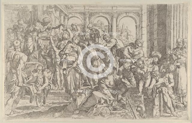 Saint Roch at left distributing alms to a group of people gathered around him, af..., ca. 1590-1600. Creator: Francesco Brizio.