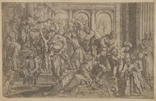 Saint Roch at left distributing alms to a group of people gathered around him, after A..., ca. 1607. Creator: Francesco Brizio