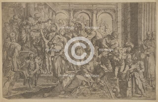 Saint Roch at left distributing alms to a group of people gathered around him, after A..., ca. 1607. Creator: Francesco Brizio.