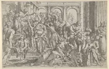 Saint Roch at left distributing alms to a group of people gathered around him, after ..., 1590-1600. Creator: Francesco Brizio