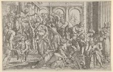 Saint Roch at left distributing alms to a group of people gathered around him, after ..., 1590-1600. Creator: Francesco Brizio