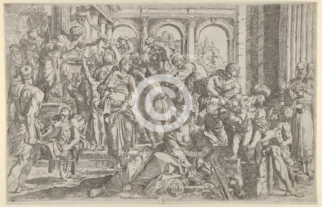 Saint Roch at left distributing alms to a group of people gathered around him, after ..., 1590-1600. Creator: Francesco Brizio.