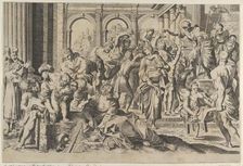 Saint Roch at right distributing alms to a group of people gathered around him, ca. 1600-1640. Creator: Anon