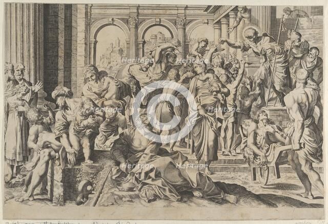 Saint Roch at right distributing alms to a group of people gathered around him, ca. 1600-1640. Creator: Anon.