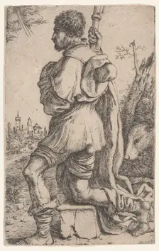 Saint Roch, kneeling on a stone, seen from the side with his dog behind him..., 1620-30. Creator: Giuseppe Caletti