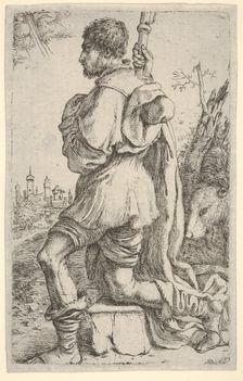 Saint Roch, kneeling on a stone, seen from the side with his dog behind him and a towns..., 1620-30. Creator: Giuseppe Caletti