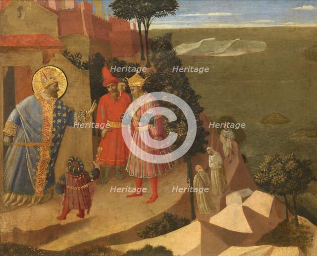 Saint Romuald Forbidding Entry to the Monastery to Emperor Otto III, ca 1430-1435. Creator: Angelico, Fra Giovanni, da Fiesole (ca. 1400-1455).