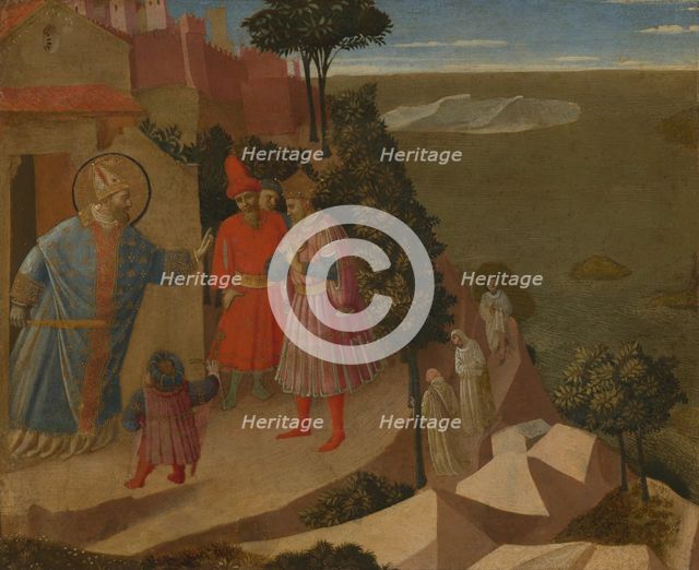 Saint Romuald Refuses Emperor Otto III Admission to the Church, 1435. Creator: Fra Angelico.