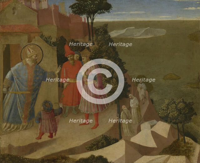 Saint Romuald Refuses Emperor Otto III Admission to the Church, 1435. Creator: Fra Angelico.