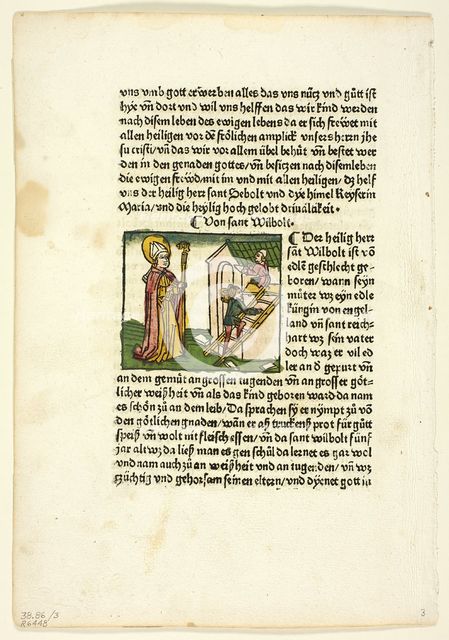 Saint Wilbolt from Heiligenleben, Winterteil (Lives of the Saints Wintertime), Plate 3..., 1929. Creators: Unknown, Johannes Baemler, Jacobus de Voragine, Wilhelm Ludwig Schreiber.