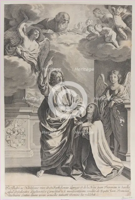 Saint Theresa praying alongside Christ, who points upwards to God the Father and the ..., 1635-1700. Creator: Gilles Rousselet.