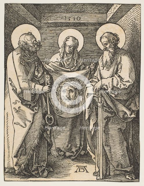 Saint Veronica between Saints Peter and Paul, from The Small Passion, 1510. Creator: Albrecht Durer.