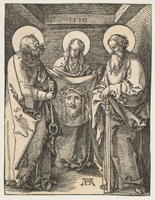 Saint Veronica between Saints Peter and Paul, from The Small Passion, 1510. Creator: Albrecht Durer