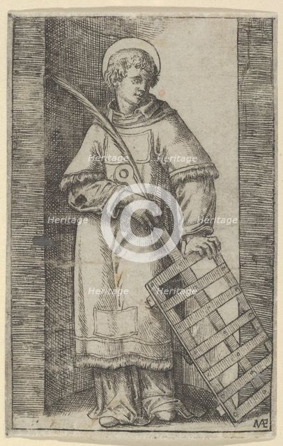 Saint Vincent, left hand resting on a grill, from the series 'Piccoli Santi' (Sma..., ca. 1500-1527. Creator: Marcantonio Raimondi.