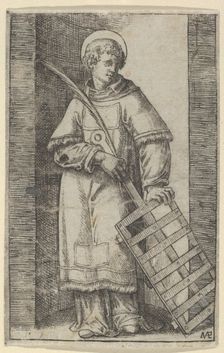 Saint Vincent, left hand resting on a grill, from the series Piccoli Santi (Sma..., ca. 1500-1527. Creator: Marcantonio Raimondi