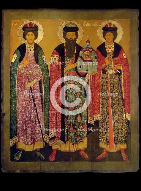 Saint Vsevolod Mstislavich, Prince of Pskov with Saints Boris and Gleb, Early 17th cen.. Artist: Russian icon  