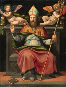 Saint Zenobius enthroned with two cherubs, Mid of 16th cen.. Creator: Portelli, Carlo (ca 1508-1574)