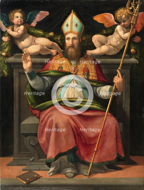 Saint Zenobius enthroned with two cherubs, Mid of 16th cen.. Creator: Portelli, Carlo (ca 1508-1574).