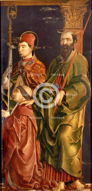 Saints Maurelius and Paul with Cardinal Bartolomeo Roverella, c. 1480-1485. Creator: Tura, Cosimo (before 1431-1495).