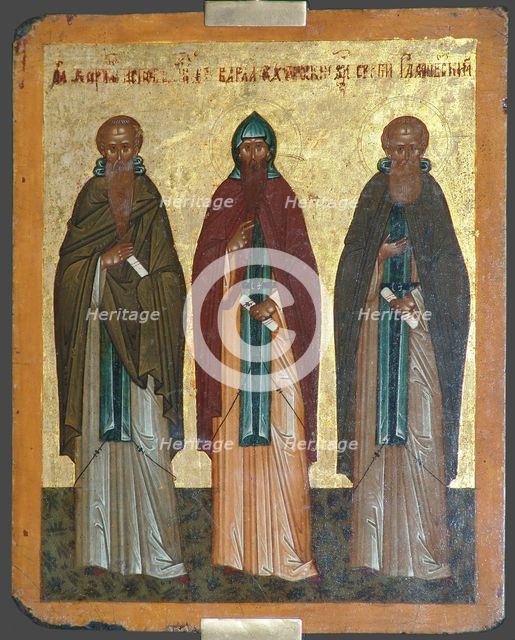 Saints Chariton the Confessor, Barlaam of Khutyn and Sergius of Radonezh, 15th century. Artist: Russian icon  