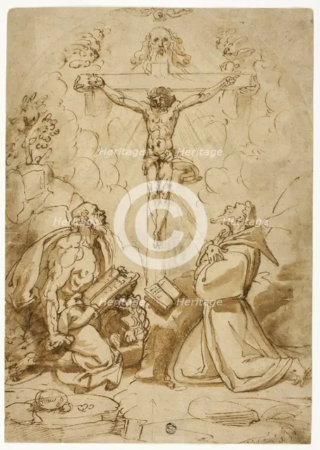 Saints Jerome and Francis of Assisi Adoring the Trinity, c.1570. Creator: Bartolomeo Passarotti.