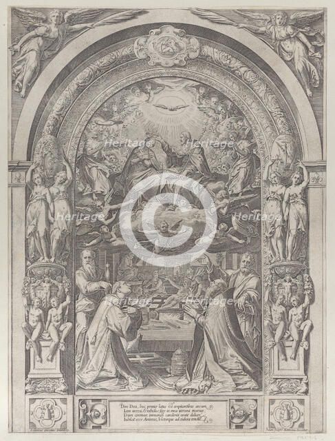 Saints Lawrence, Sixtus, Peter, and Paul adoring the Coronation of the Virgin by Chris..., ca. 1576. Creator: Anon.