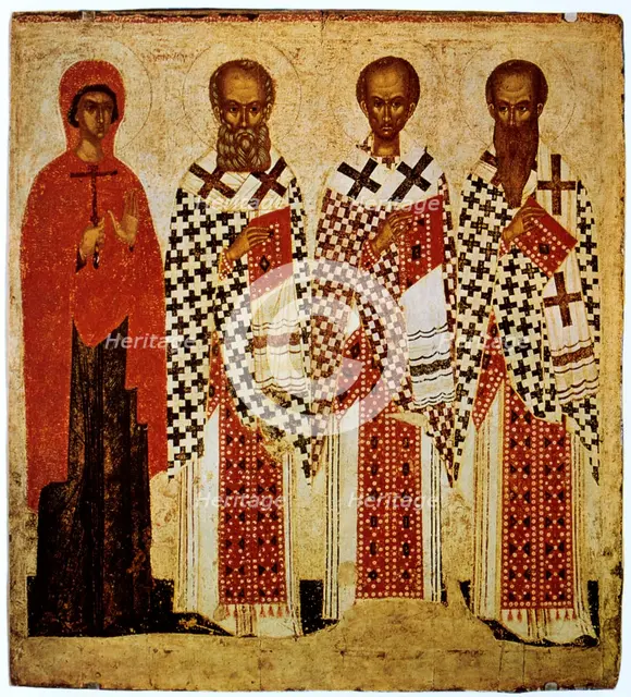 Saints Paraskeve, Gregory the Theologian, John Chrysostom and Basil the Great, early 15th century. Artist: Unknown