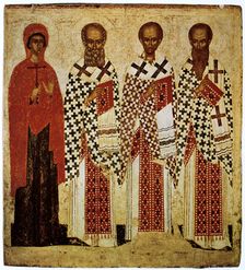 Saints Paraskeve, Gregory the Theologian, John Chrysostom and Basil the Great, early 15th century