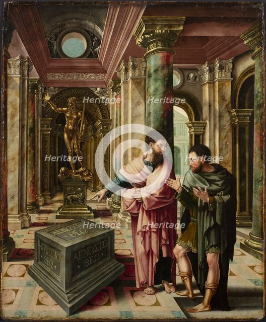 Saints Paul and Saint Dionysius the Areopagite before the altar of an unknown god in... c1533. Creator: Lambert Lombard.