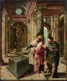 Saints Paul and Saint Dionysius the Areopagite before the altar of an unknown god in... c1533. Creator: Lambert Lombard