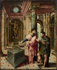 Saints Paul and Saint Dionysius the Areopagite before the altar of an unknown god in... c1533. Creator: Lambert Lombard