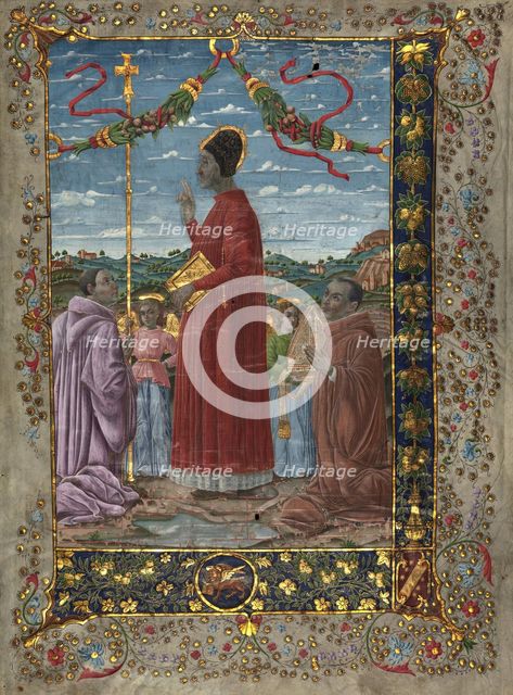 Saints with attendants, 20th-century painting on 14th-century antiphonary. Creator: Venetian Forger.
