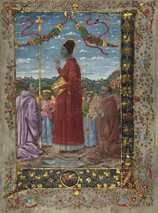 Saints with attendants, 20th-century painting on 14th-century antiphonary. Creator: Venetian Forger