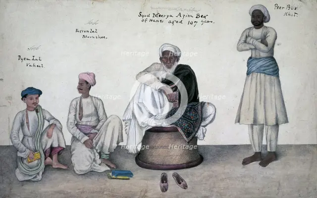 Saiyid Mirza Azim Beg of Hansi seated on a cane-stool with Dai Lal Vakil Kisan, c1815-c1827. Creator: Ghulam Ali Khan.