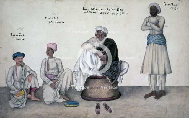 Saiyid Mirza Azim Beg of Hansi seated on a cane-stool with Dai Lal Vakil Kisan, c1815-c1827. Creator: Ghulam Ali Khan.