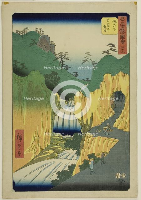 Sakanoshita: Kannon in the Cave (Sakanoshita, Gankutsu no Kannon), no. 49 from the series ..., 1855. Creator: Ando Hiroshige.