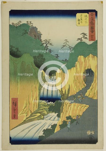 Sakanoshita: Kannon in the Cave (Sakanoshita, Gankutsu no Kannon), no. 49 from the series ..., 1855. Creator: Ando Hiroshige.