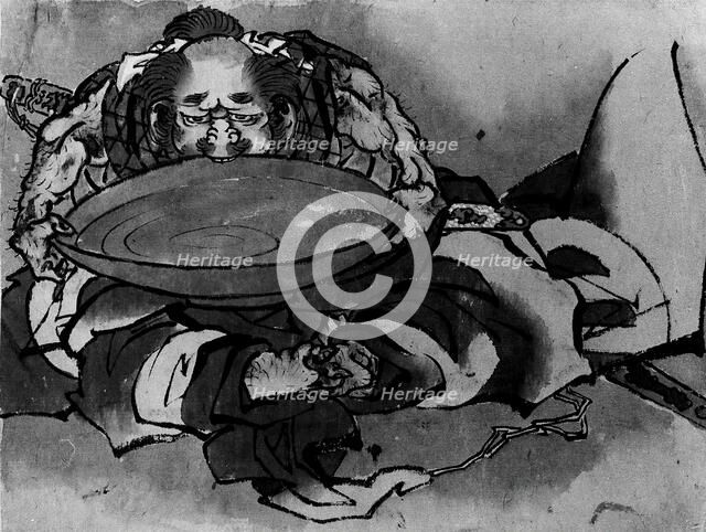 Sakata Kintoki Drinking Sake Wine, 18th-19th century. Creator: Hokusai.